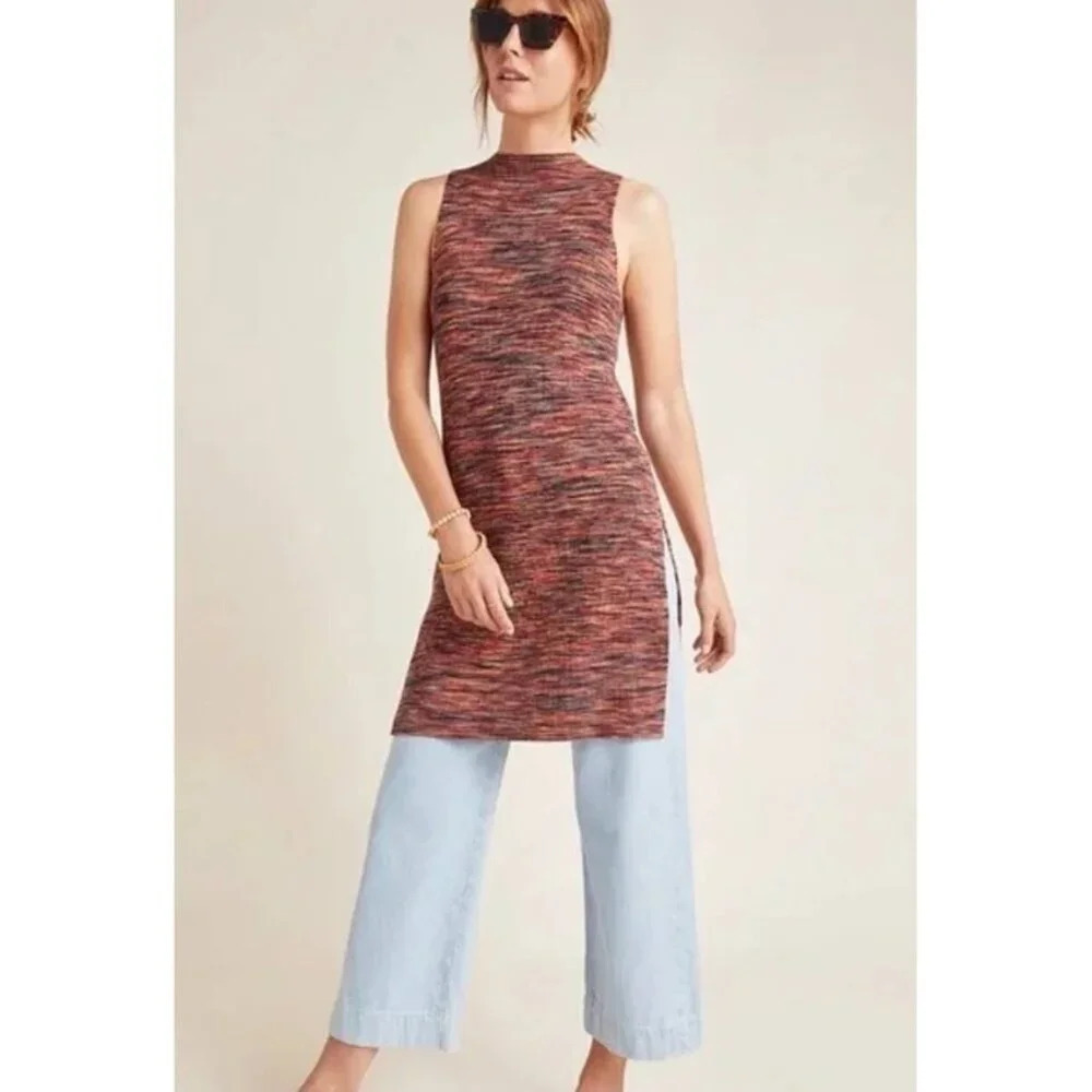 Anthropologie Womens Xsmall Tami Mock Neck Tunic Space Dye Slit Hem Knit Top
